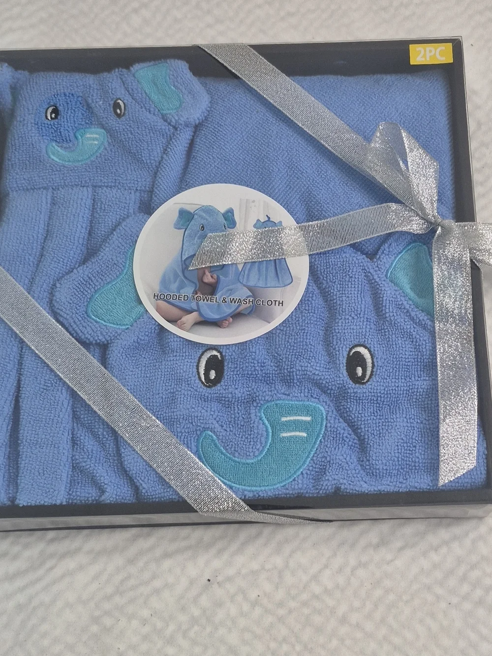 Blue Elephant Hooded Baby Towel & Washcloth Set